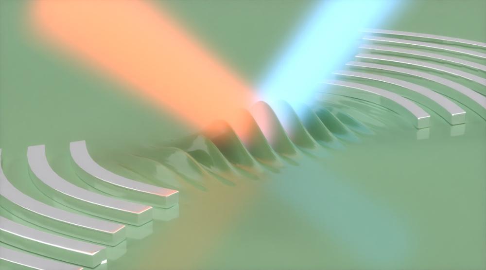 Illustration of acoustic sound waves shows a blue light and an orange light meeting on a surface and producing waves rippling out.